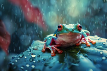 frog on a leaf - obrazy, fototapety, plakaty