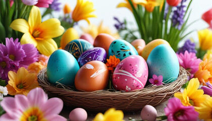Fototapeta na wymiar Easter celebration. Colorful eggs in a group.