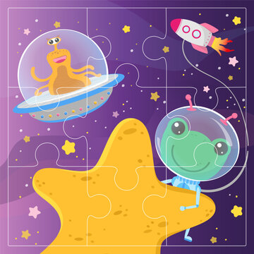 Travel of a funny frog-astronaut, rocket and stars, flying saucer, alien. Educational game for children. Puzzles. Cartoon vector illustration