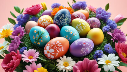 Fototapeta na wymiar Easter celebration. Colorful eggs in a group.