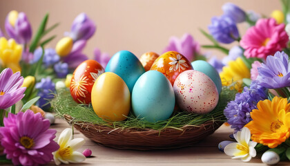 Obraz na płótnie Canvas Easter celebration. Colorful eggs in a group.