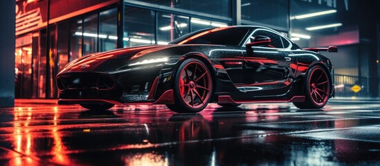 Elegant Black Sports Car Highlighted by Dramatic Neon Reflections at Night - obrazy, fototapety, plakaty