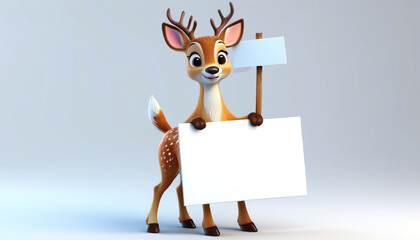 Cheerful reindeer holding a white banner for later text insertion. On a gray background. Generative AI.