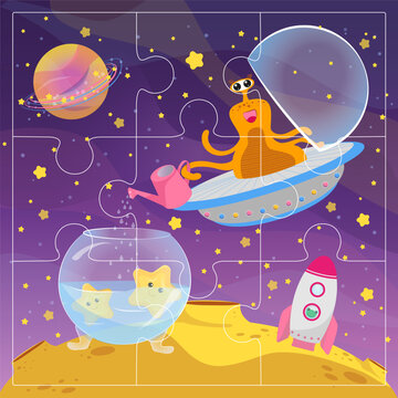 Funny alien in a flying saucer, stars, rocket and planet. Educational game for children. Puzzles. Cartoon vector illustration