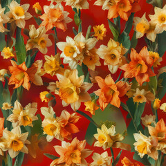 Detailed Realistic Daffodil Botanical Illustration on Vibrant Red Background Gen AI
