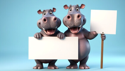 Cheerful hippopotamus holding a white banner for later text insertion. On a gray background. Generative AI.