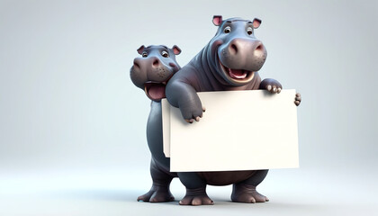 Cheerful hippopotamus holding a white banner for later text insertion. On a gray background. Generative AI.
