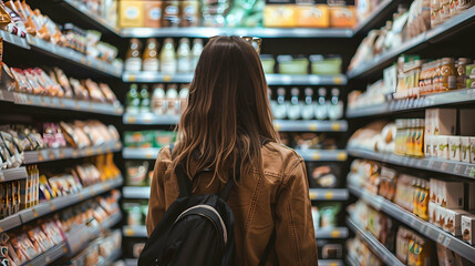 A woman comparing products in a supermarket - obrazy, fototapety, plakaty