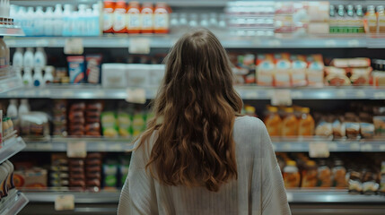 A woman comparing products in a supermarket - obrazy, fototapety, plakaty