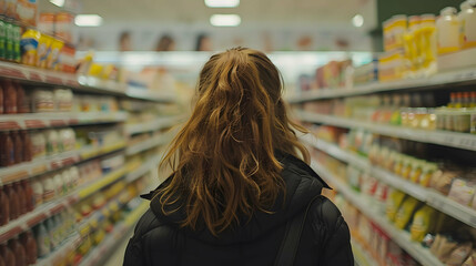 A woman comparing products in a supermarket
