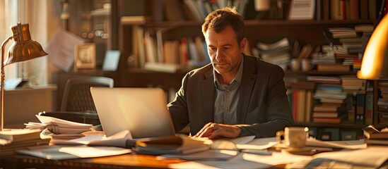 Busy Businessman Focused on Laptop in Cozy Home Office Illuminated by Warm Light - obrazy, fototapety, plakaty