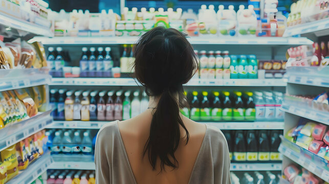 A woman comparing products in a supermarket