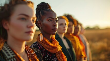 Group of diverse women at golden hour - A lineup of women with different ethnic backgrounds in outdoor golden light, symbolizing unity and diversity