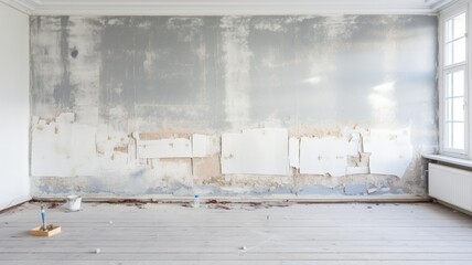 Empty room with damaged wall and floor - An empty room with a large damaged wall needing repair, faded paint, and wooden flooring