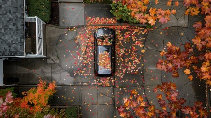 Car parked under a cascade of autumn leaves - Aerial view of a car parked on a driveway surrounded by rich Autumn colors and fallen leaves