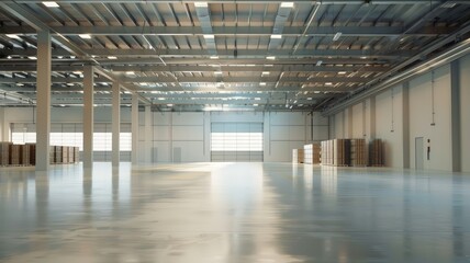 Empty spacious and well-lit warehouse interior - Large empty warehouse space with daylight streaming in, indicating industrial storage and logistic concepts - obrazy, fototapety, plakaty