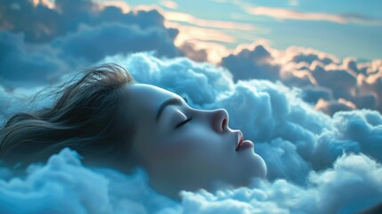 The close up picture of the caucasian female human that laying down for sleeping on the sea of the cloudscape that act like pillow that look fluffy and soft at the bright sky of the daytime. AIGX03. - obrazy, fototapety, plakaty