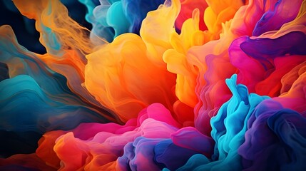 Bright and Colorful Burst Paint Smoke Dark Background: A striking explosion of color and texture is produced when a glob of colorful liquid collides with a rough surface.vibrant eruption of color in m - obrazy, fototapety, plakaty