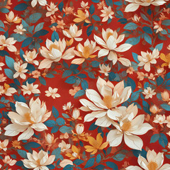 Vibrant Magnolia Flowers on Intricate Red Background Gen AI - 760787557