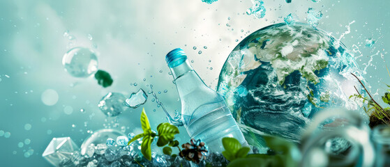 A bottle of water is floating in a sea of water and debris. Concept of environmental destruction