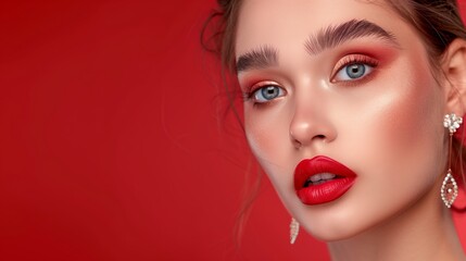 Fototapeta premium Beautiful woman's face, model appearance, professional makeup, advertising of decorative cosmetics, including lipstick, powder, eye shadow. Place for text. Advertising banner. Generated by artificial 