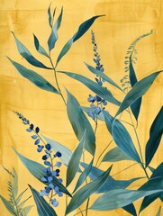 A painting featuring vibrant blue flowers set against a bright yellow background