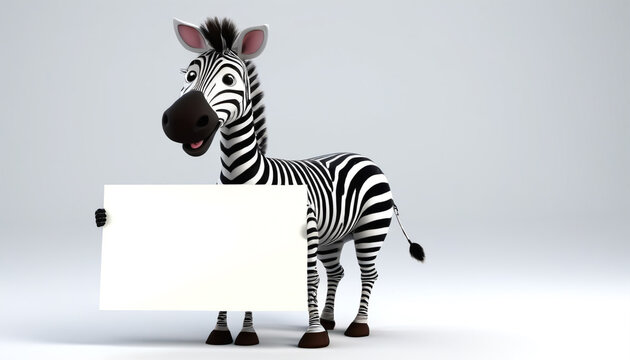 Zebra holding a white banner for later text insertion. Generative AI.

