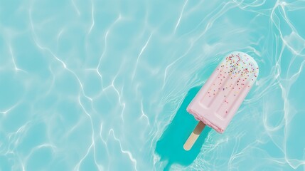 An inflatable rubber mattress in the shape of  sprinkled ice cream on the shimmering water surface. Minimal summer refreshment concept.