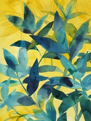 A painting featuring vibrant green leaves against a bright yellow background