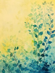 A painting featuring vibrant green leaves set against a bright yellow background