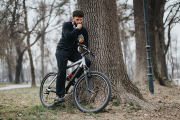 Fototapeta na wymiar An active male cyclist resting against a tree while checking his smart phone in a serene park setting, possibly tracking his ride or mapping his route.