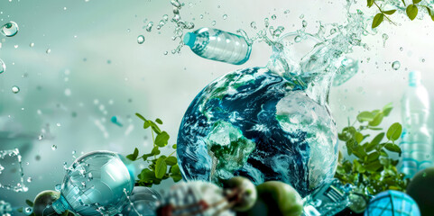 A planet is surrounded by water and trash. Concept of environmental consciousness