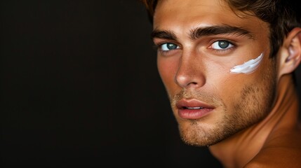 Obraz premium A handsome young man with cream on his face, against a black background. Skin care products on his face. Generated by artificial intelligence.