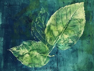 Painting featuring two green leaves against a vibrant blue background