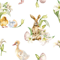 Bunny, chick and gosling watercolor Easter print. Baby animals with lily flowers seamless pattern...