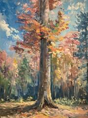 A detailed painting of a tree standing tall in a lush forest setting, surrounded by greenery and sunlight filtering through the leaves