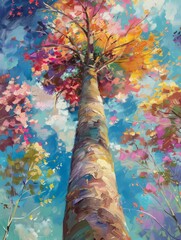 A tree with colorful leaves painted in vivid hues, standing out against a plain background