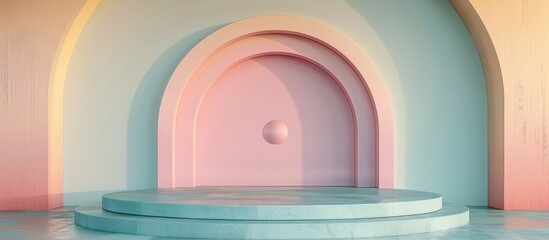 Pastel-Colored Arch Podium: Minimalist Product Display in a Serene Atmosphere - obrazy, fototapety, plakaty