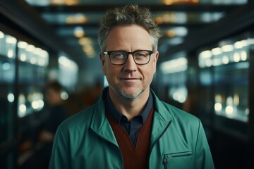 Obraz premium Portrait of a man with a friendly smile, stylish glasses, and a vibrant green jacket.