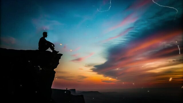 silhouette of a person sitting on the edge of a cliff during the twilight sky