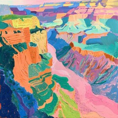 A vibrant painting showcasing a colorful canyon with towering mountains in the background, capturing the natural beauty of the landscape