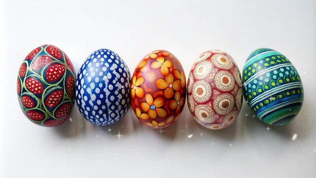 5 eggs lined up with different motifs on a white background to commemorate Happy Easter Monday