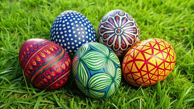 happy easter monday with 5 different eggs on the grass