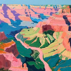 A detailed painting of the Grand Canyon captures the vast cliffs, layered rock formations, and winding Colorado River under a clear blue sky
