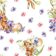 Easter rabbit, eggs and flowers seamless pattern isolated on white. Watercolor hare and blue, pink...