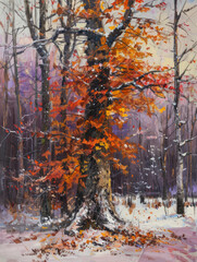 A painting featuring a tree standing amidst a snowy landscape