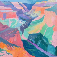 A colorful painting depicting a canyon with a variety of hues and shades, showcasing the natural beauty and diversity of the landscape