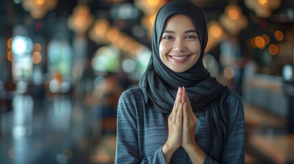 Asian muslim woman smiling, making eid mubarak gesture on blurred background with text space