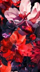 Vertical AI illustration dramatic floral overlay on dark background. Concept plants and flowers.