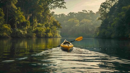 Kayak on a misty river at dawn or dusk - Calm image of a kayak on a foggy river with trees reflecting in the still water at dawn or dusk - obrazy, fototapety, plakaty